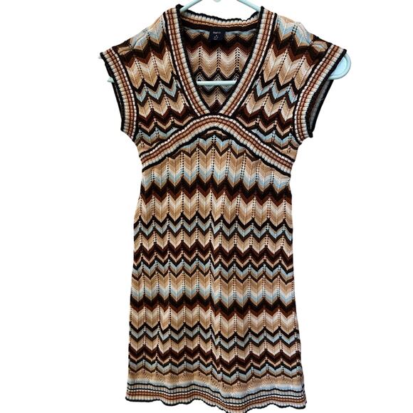 Gap Kids Chevron Brown & Blue Knit Short Sleeve Dress Girls Size Small 6 7 - Picture 1 of 5